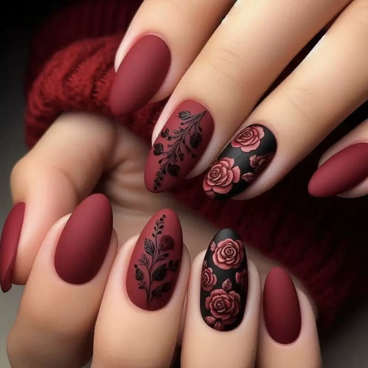 Valentine’s Day Must-Have – Wine Red Almond Press-On Nails with Rose Pattern