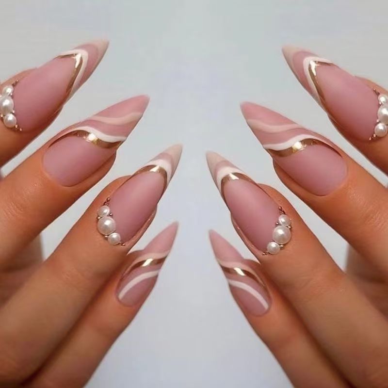 Pink and White-Edged Pearl Ready-Made Press-On Nails