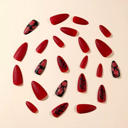 Valentine’s Day Must-Have – Wine Red Almond Press-On Nails with Rose Pattern