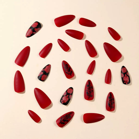 Valentine’s Day Must-Have – Wine Red Almond Press-On Nails with Rose Pattern