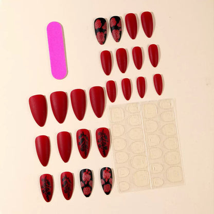 Valentine’s Day Must-Have – Wine Red Almond Press-On Nails with Rose Pattern