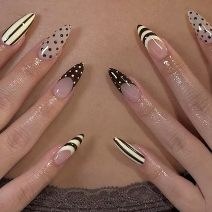Vintage French Chic Girly Nude Pink Polka Dot & Black Striped Teardrop Press-On Nails