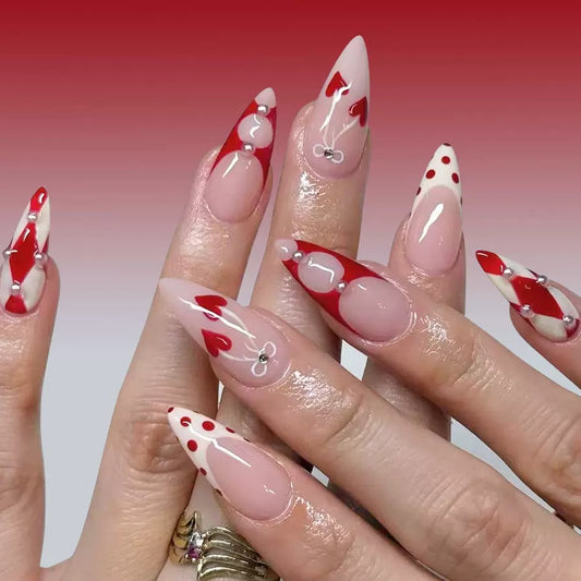 Valentine’s Day French Polka Dot Cherry Plaid Bow Pearl Press-On Nails