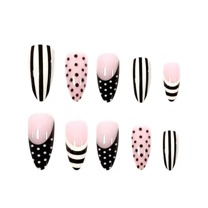 Vintage French Chic Girly Nude Pink Polka Dot & Black Striped Teardrop Press-On Nails