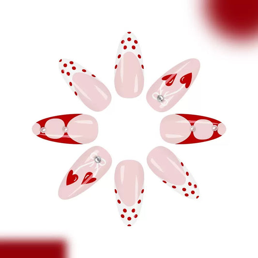 Valentine’s Day French Polka Dot Cherry Plaid Bow Pearl Press-On Nails