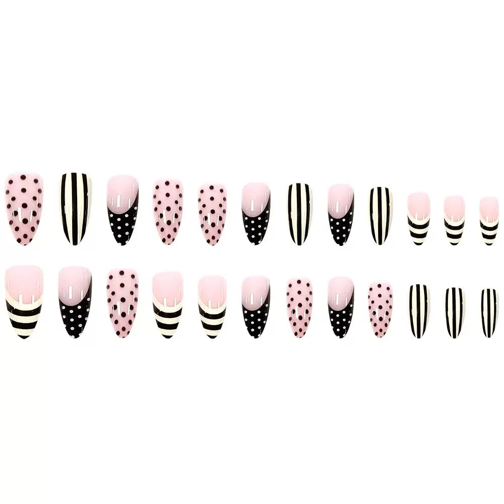 Vintage French Chic Girly Nude Pink Polka Dot & Black Striped Teardrop Press-On Nails