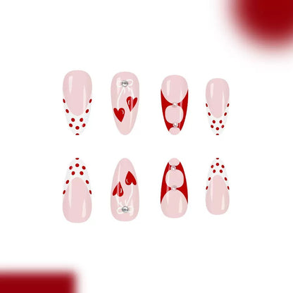Valentine’s Day French Polka Dot Cherry Plaid Bow Pearl Press-On Nails