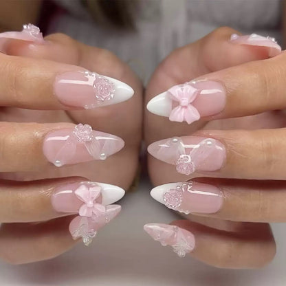 Valentine’s Day Sweet French White Press-On Nails with 3D Bow, Camellia, Aurora Butterfly, Pearl, and Ribbon Design