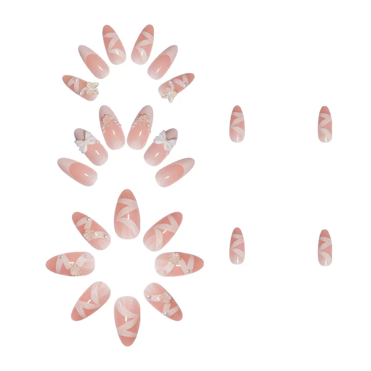 Valentine’s Day Sweet French White Press-On Nails with 3D Bow, Camellia, Aurora Butterfly, Pearl, and Ribbon Design