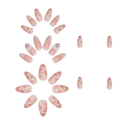 Valentine’s Day Sweet French White Press-On Nails with 3D Bow, Camellia, Aurora Butterfly, Pearl, and Ribbon Design