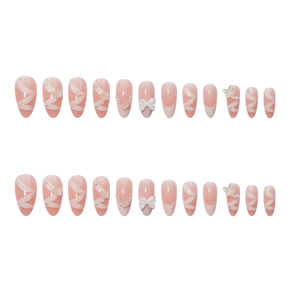 Valentine’s Day Sweet French White Press-On Nails with 3D Bow, Camellia, Aurora Butterfly, Pearl, and Ribbon Design
