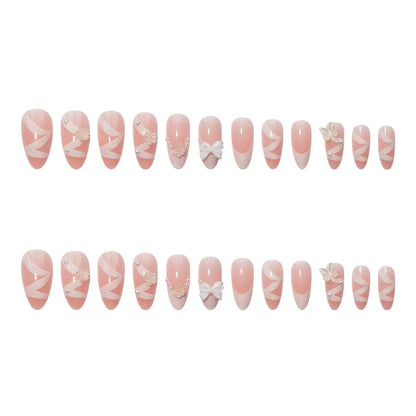 Valentine’s Day Sweet French White Press-On Nails with 3D Bow, Camellia, Aurora Butterfly, Pearl, and Ribbon Design