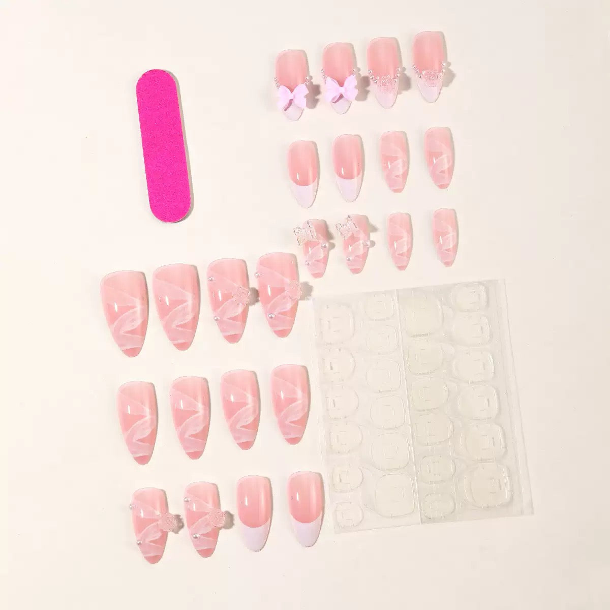 Valentine’s Day Sweet French White Press-On Nails with 3D Bow, Camellia, Aurora Butterfly, Pearl, and Ribbon Design