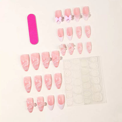 Valentine’s Day Sweet French White Press-On Nails with 3D Bow, Camellia, Aurora Butterfly, Pearl, and Ribbon Design