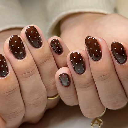 Brown & White Polka Dot Short Round Press-On Nails