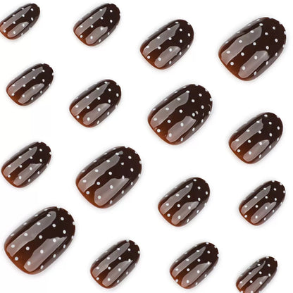 Brown & White Polka Dot Short Round Press-On Nails