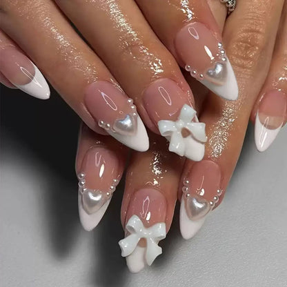 French White Heart Pearl Butterfly Bow Almond Press-On Nails