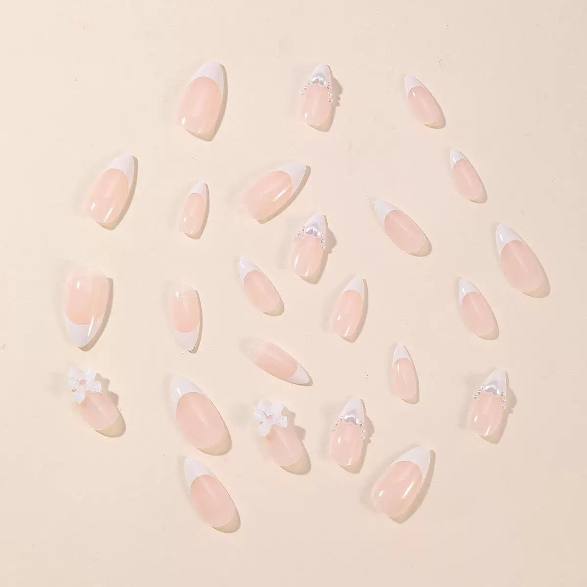 French White Heart Pearl Butterfly Bow Almond Press-On Nails