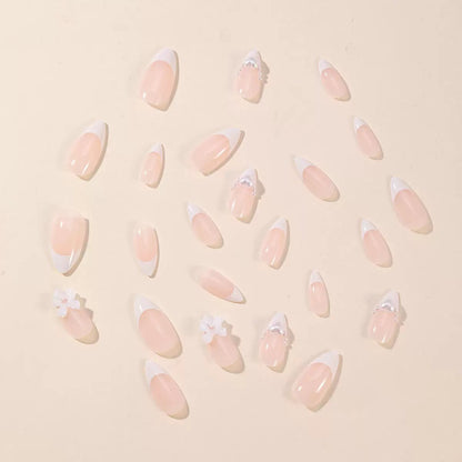 French White Heart Pearl Butterfly Bow Almond Press-On Nails