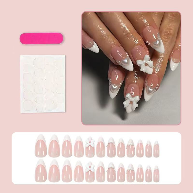 French White Heart Pearl Butterfly Bow Almond Press-On Nails