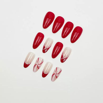 Christmas Red French Press-On Nails with Ribbon and White Snowflake Design