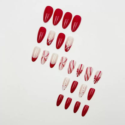 Christmas Red French Press-On Nails with Ribbon and White Snowflake Design