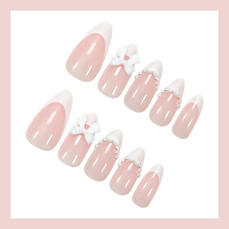 French White Heart Pearl Butterfly Bow Almond Press-On Nails