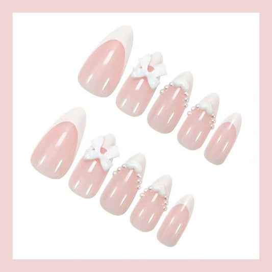 French White Heart Pearl Butterfly Bow Almond Press-On Nails