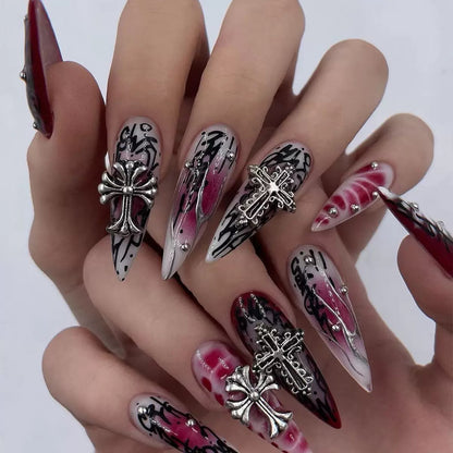 Dark Goth Girly Cross Silver Foil Gradient Press-On Nails