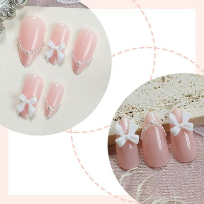 French White-Edged Nude Pink Almond Press-On Nails with Pearl Butterfly Bow