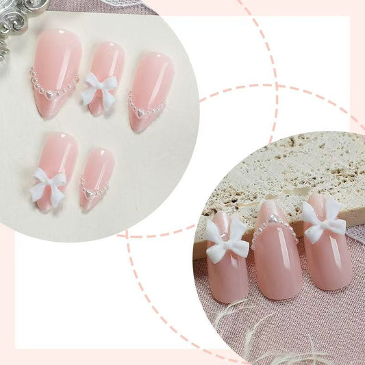 French White-Edged Nude Pink Almond Press-On Nails with Pearl Butterfly Bow