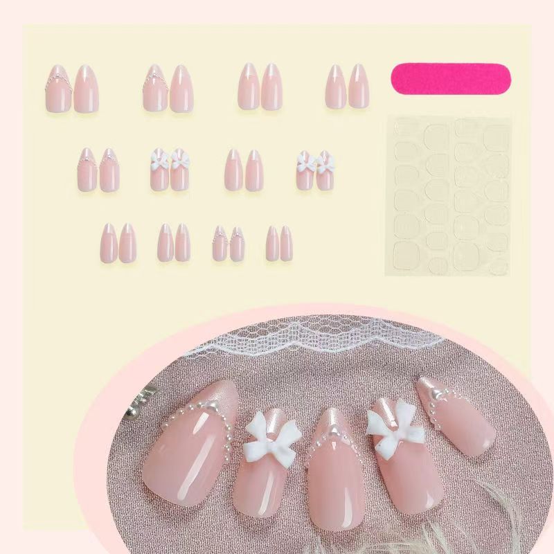 French White-Edged Nude Pink Almond Press-On Nails with Pearl Butterfly Bow