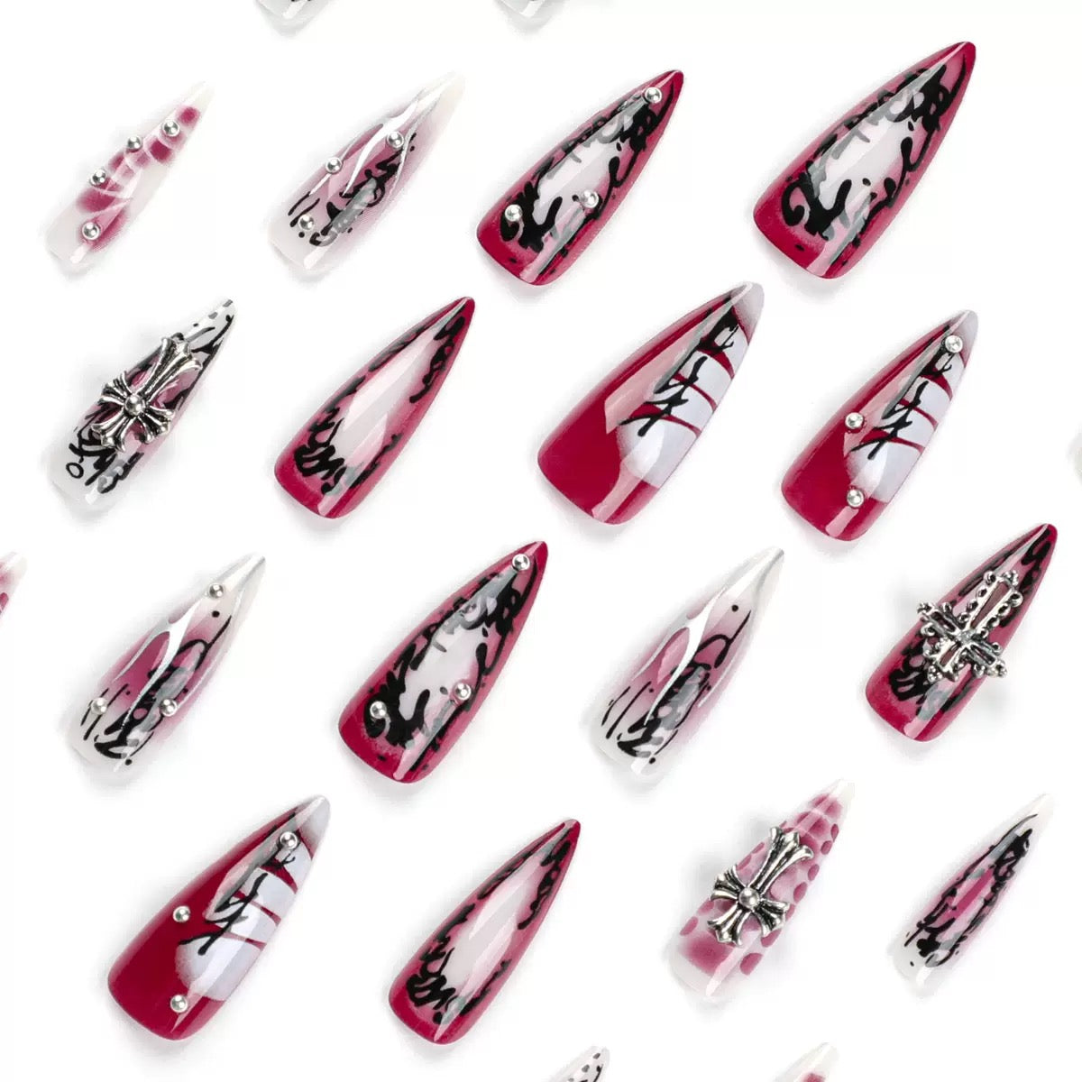 Dark Goth Girly Cross Silver Foil Gradient Press-On Nails