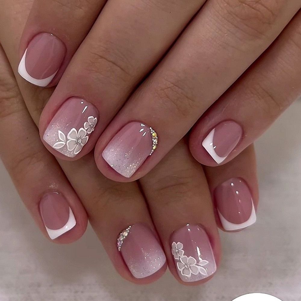 French White Floral Short Square Press-On Nails