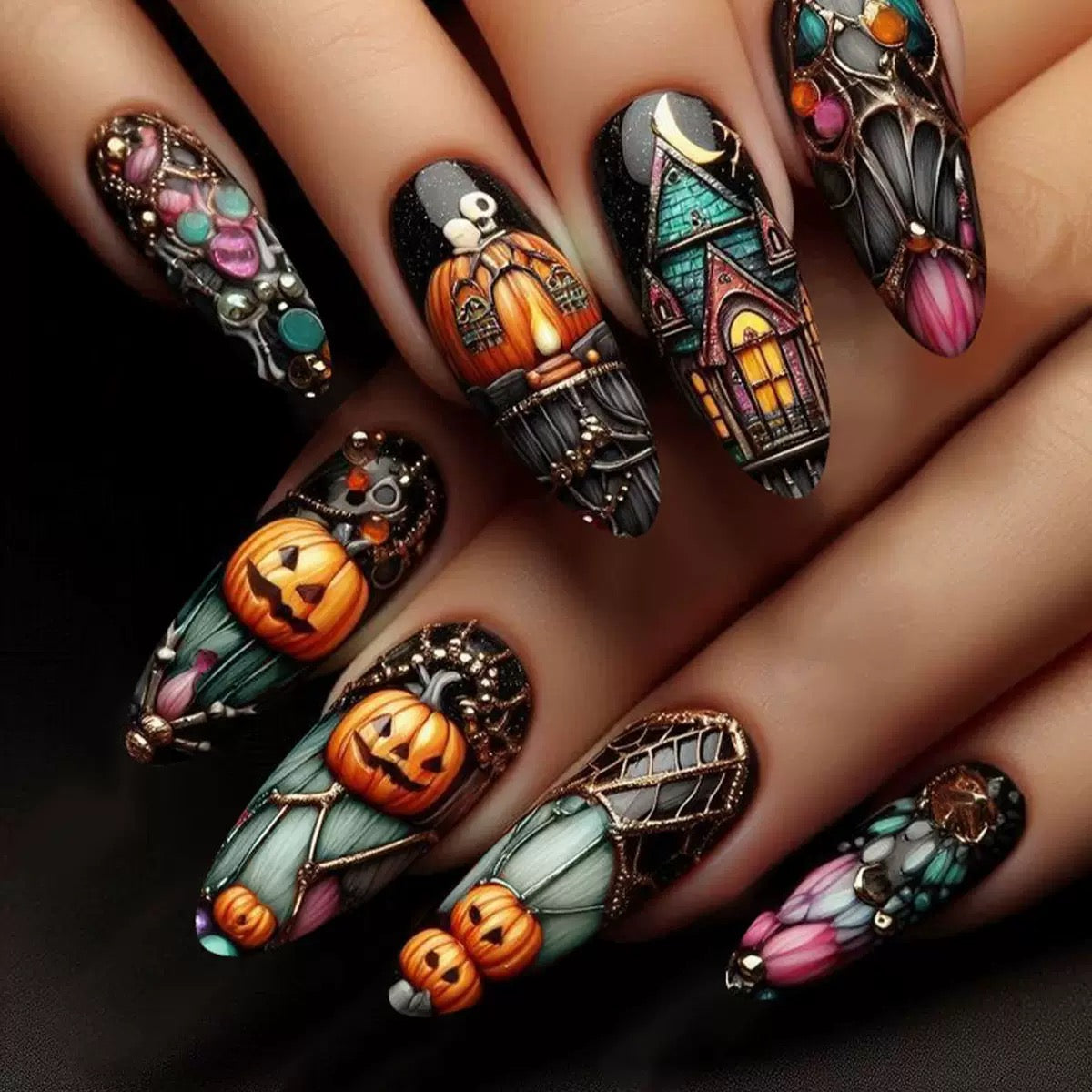 Halloween Pumpkin Haunted House Spider Web Press-On Nails