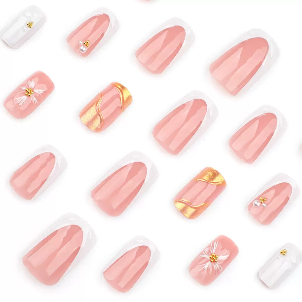 French Chic Girly White 3D Sunflower Pearl Medium-Short Square Press-On Nails