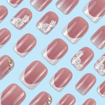 French White Floral Short Square Press-On Nails