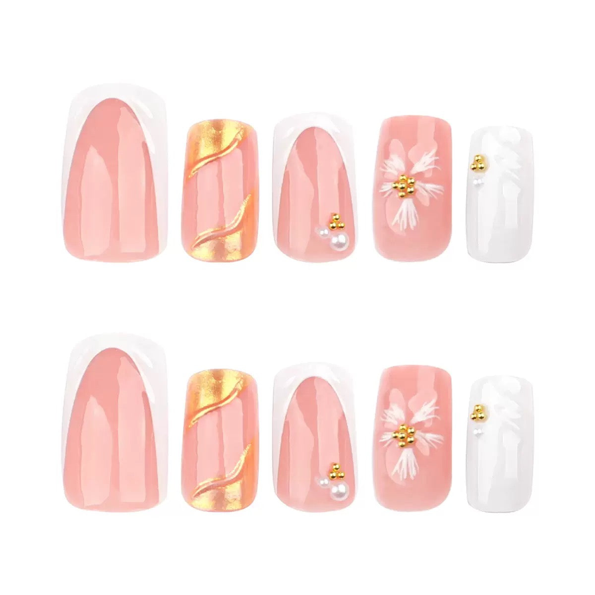 French Chic Girly White 3D Sunflower Pearl Medium-Short Square Press-On Nails