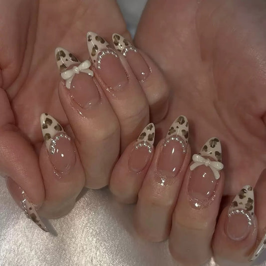 French Chic Girly Leopard Pearl Bow Almond Press-On Nails