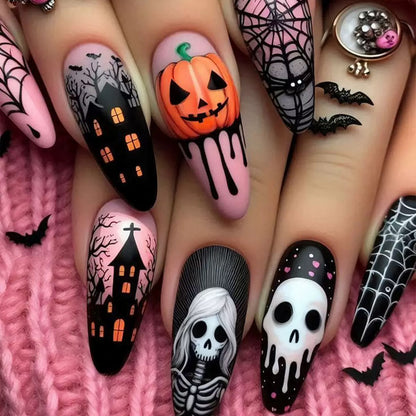 Halloween Pumpkin Skull Spider Web Almond Press-On Nails
