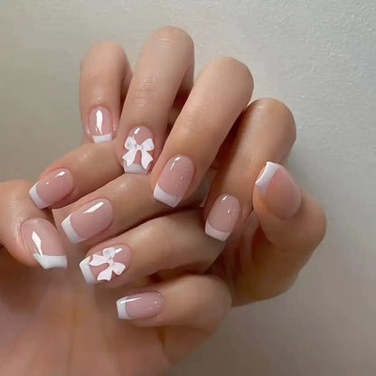 Simple French White-Edged Press-On Nails with Sweet Butterfly Bow Accent
