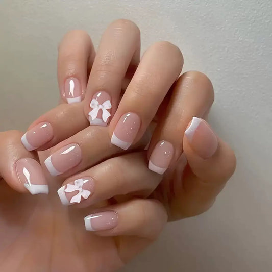 Simple French White-Edged Press-On Nails with Sweet Butterfly Bow Accent