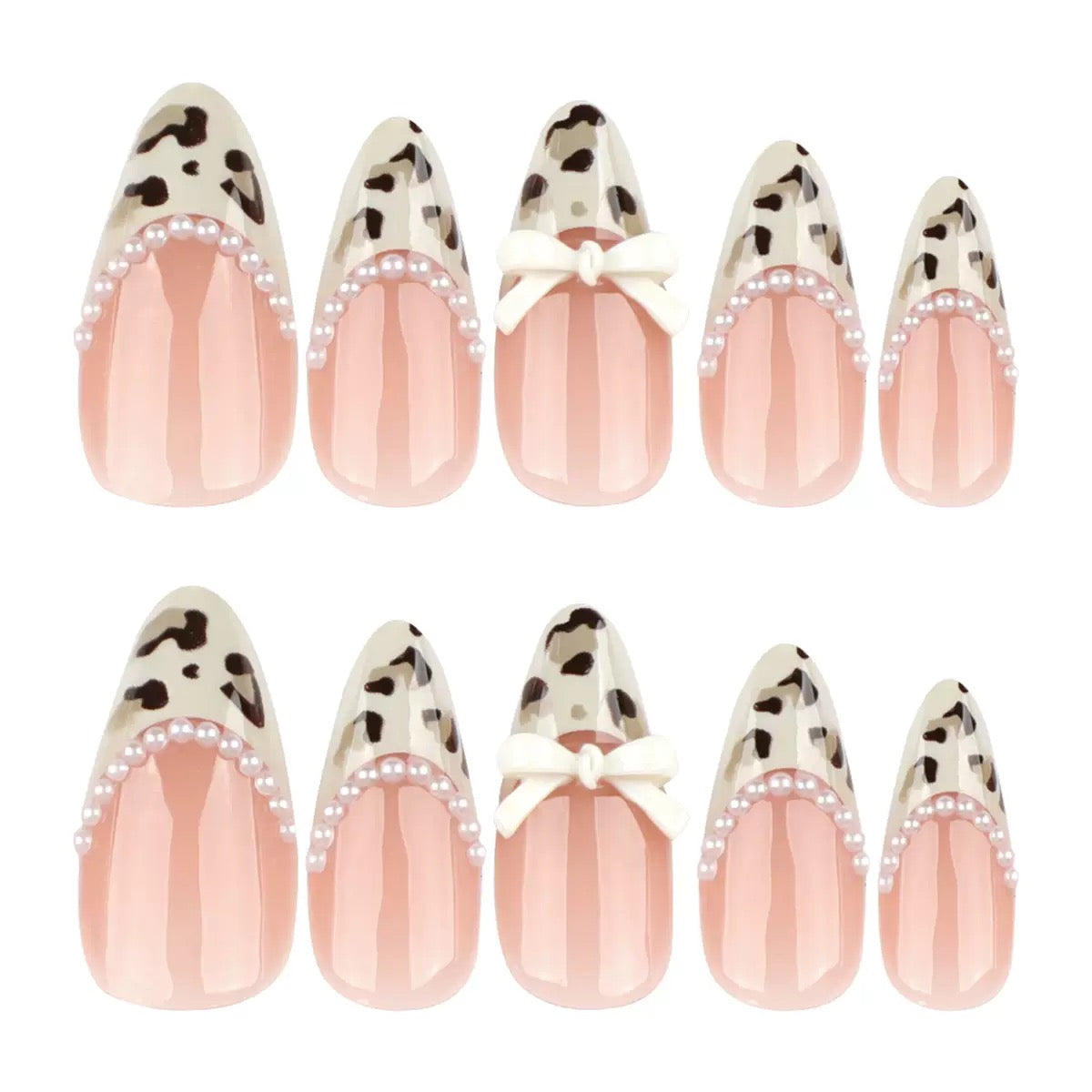 French Chic Girly Leopard Pearl Bow Almond Press-On Nails