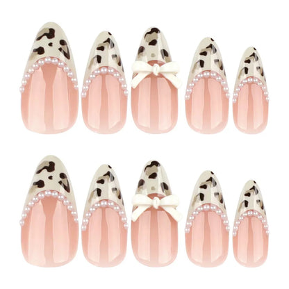 French Chic Girly Leopard Pearl Bow Almond Press-On Nails