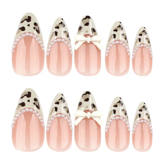 French Chic Girly Leopard Pearl Bow Almond Press-On Nails