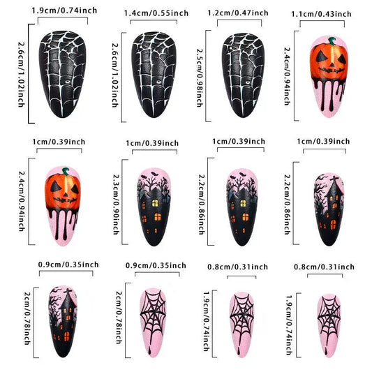 Halloween Pumpkin Skull Spider Web Almond Press-On Nails