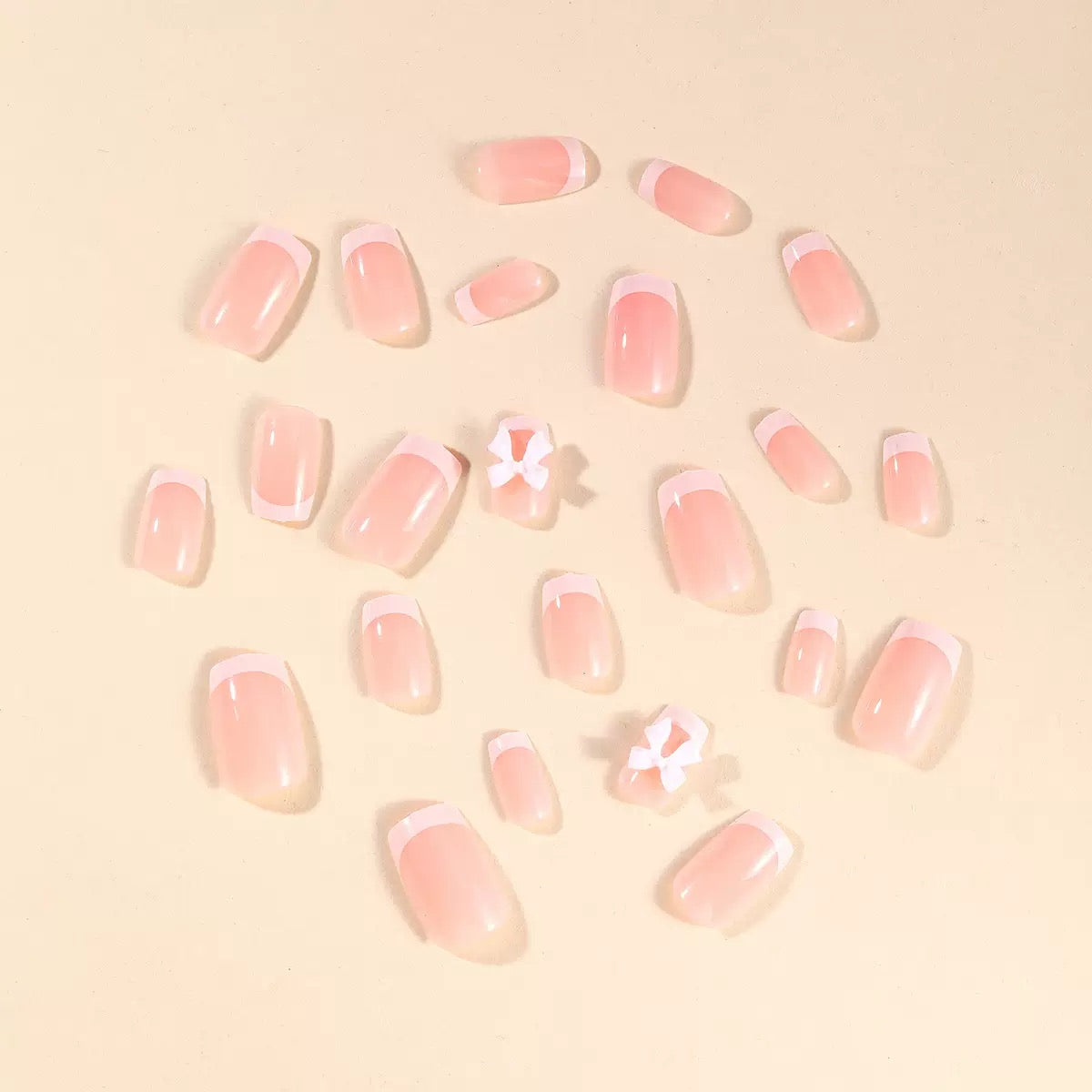 Simple French White-Edged Press-On Nails with Sweet Butterfly Bow Accent