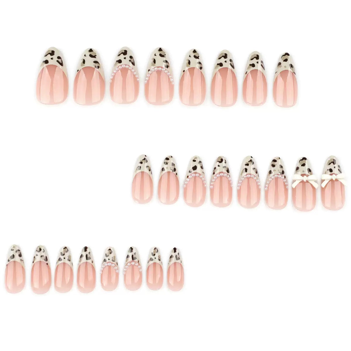 French Chic Girly Leopard Pearl Bow Almond Press-On Nails