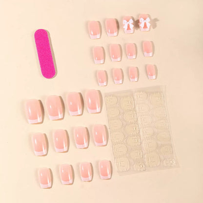 Simple French White-Edged Press-On Nails with Sweet Butterfly Bow Accent
