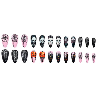 Halloween Pumpkin Skull Spider Web Almond Press-On Nails